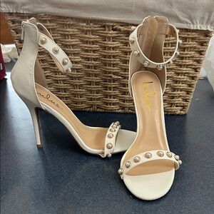 Lulu's Cream Pearl-Embellished Ankle-Strap Stiletto Heels